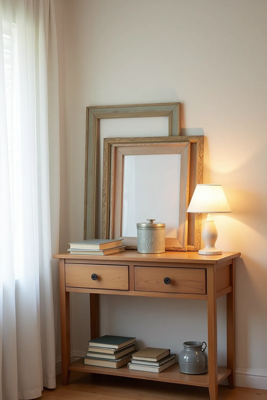 Vintage console table with mismatched thrifted frames and repurposed glass jars and vintage tins.