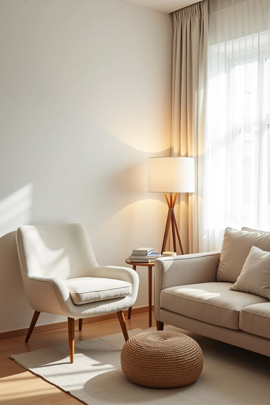 Cream boucle accent chair and oatmeal linen sofa with contrasting weave textures, separated by a woven jute pouf.