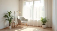 Curved accent chair with tapered legs positioned in a bright corner near a window, with a side table and potted plant beside