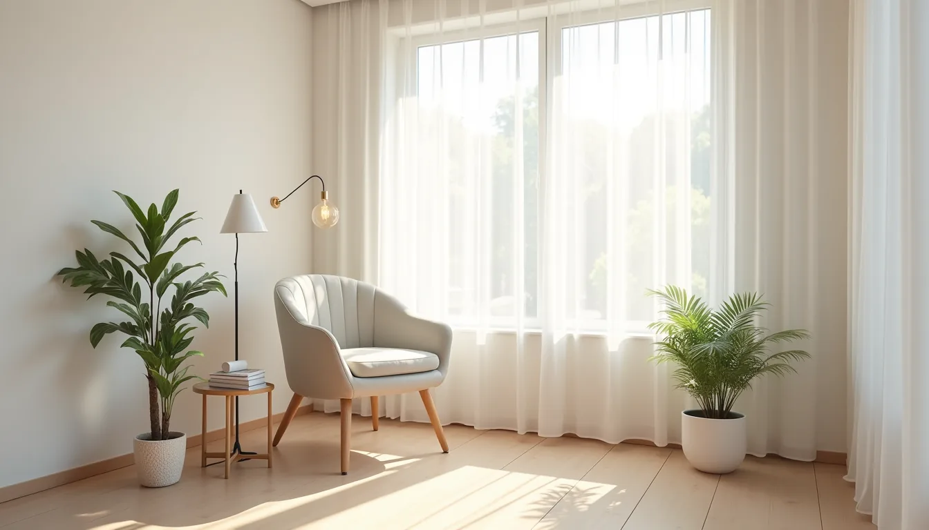 Curved accent chair with tapered legs positioned in a bright corner near a window, with a side table and potted plant beside