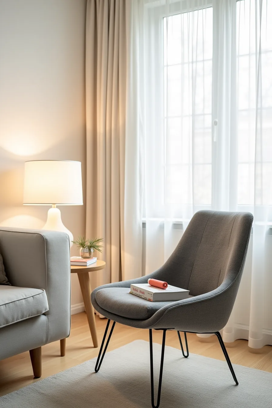 Gray upholstered accent chair with metal hairpin legs near a sofa, with fabric care kit and lint roller on the seat.