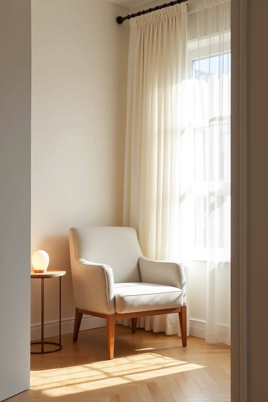 Legless contemporary accent chair in a corner nook with a round accent table, bathed in natural sunlight.