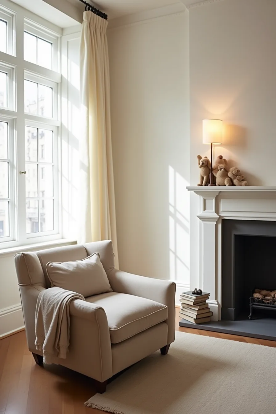 Natural linen accent chair next to a vintage rolled-arm sofa facing a fireplace, with a throw blanket draped across the sofa