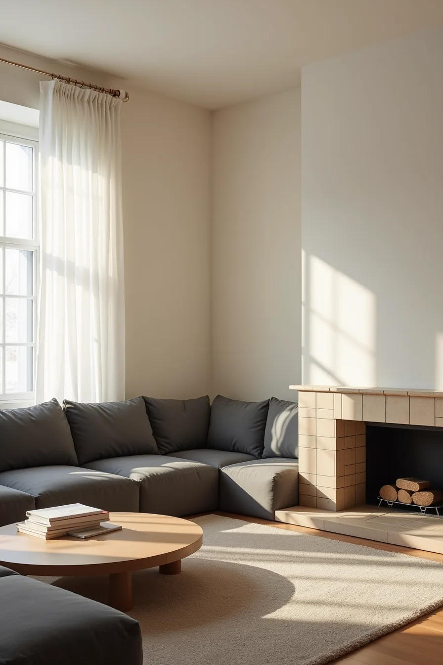 L-shaped charcoal sectional wrapping a corner fireplace with tile surround and wooden coffee table in front.