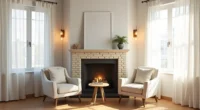 Overhead view of a corner fireplace with cream brick, two angled armchairs, and a round side table on hardwood flooring.