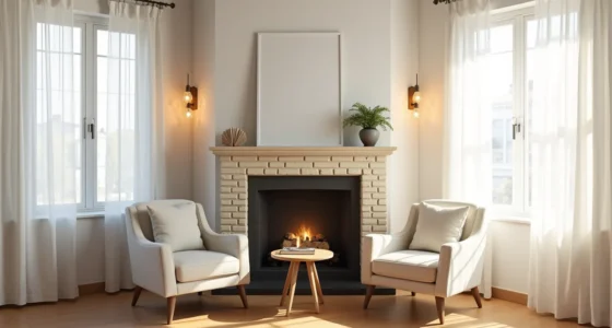 Overhead view of a corner fireplace with cream brick, two angled armchairs, and a round side table on hardwood flooring.
