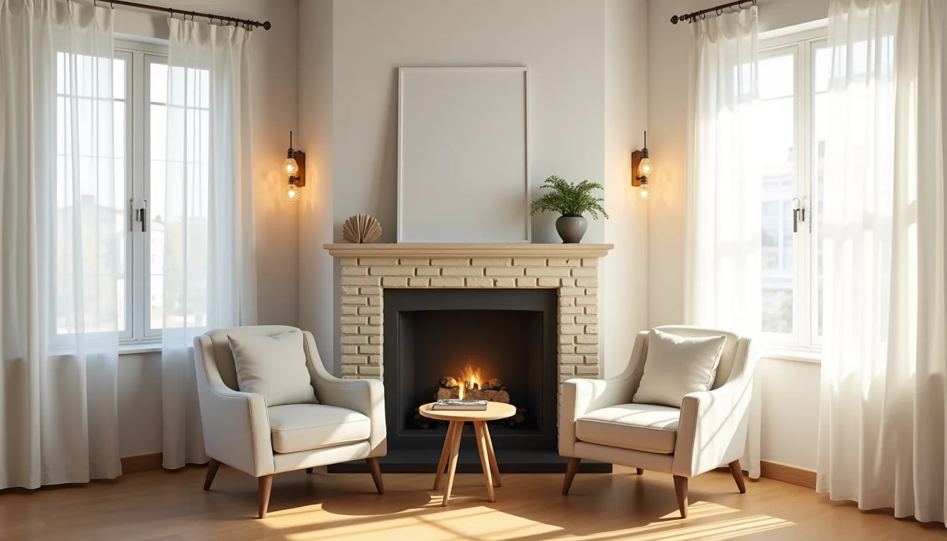 Overhead view of a corner fireplace with cream brick, two angled armchairs, and a round side table on hardwood flooring.