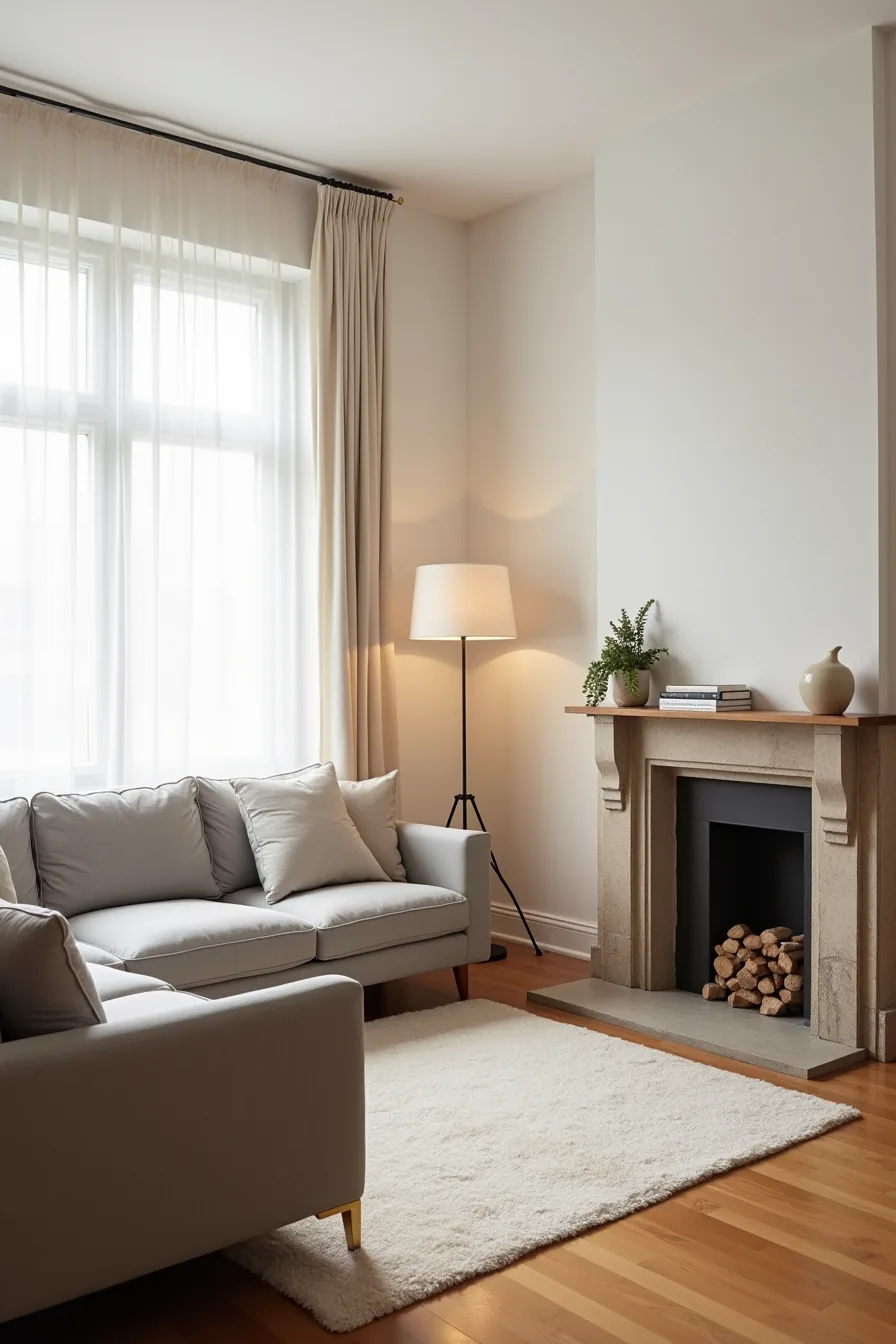 Gray sofa positioned toward a corner fireplace with stone surround, brass lamp, and area rug defining the seating area.