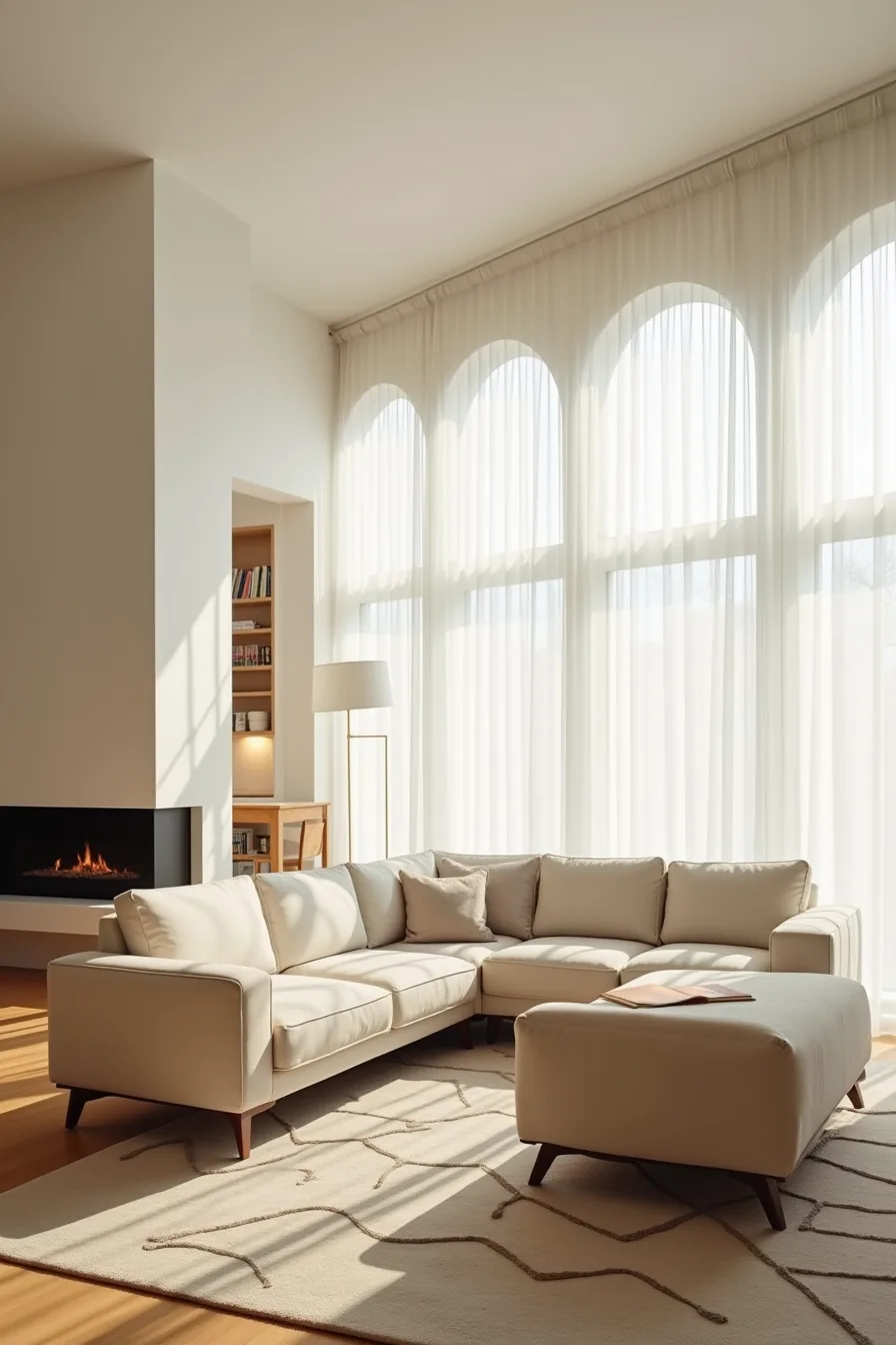 Two sofas facing each other on a geometric rug with a corner fireplace visible in the background.