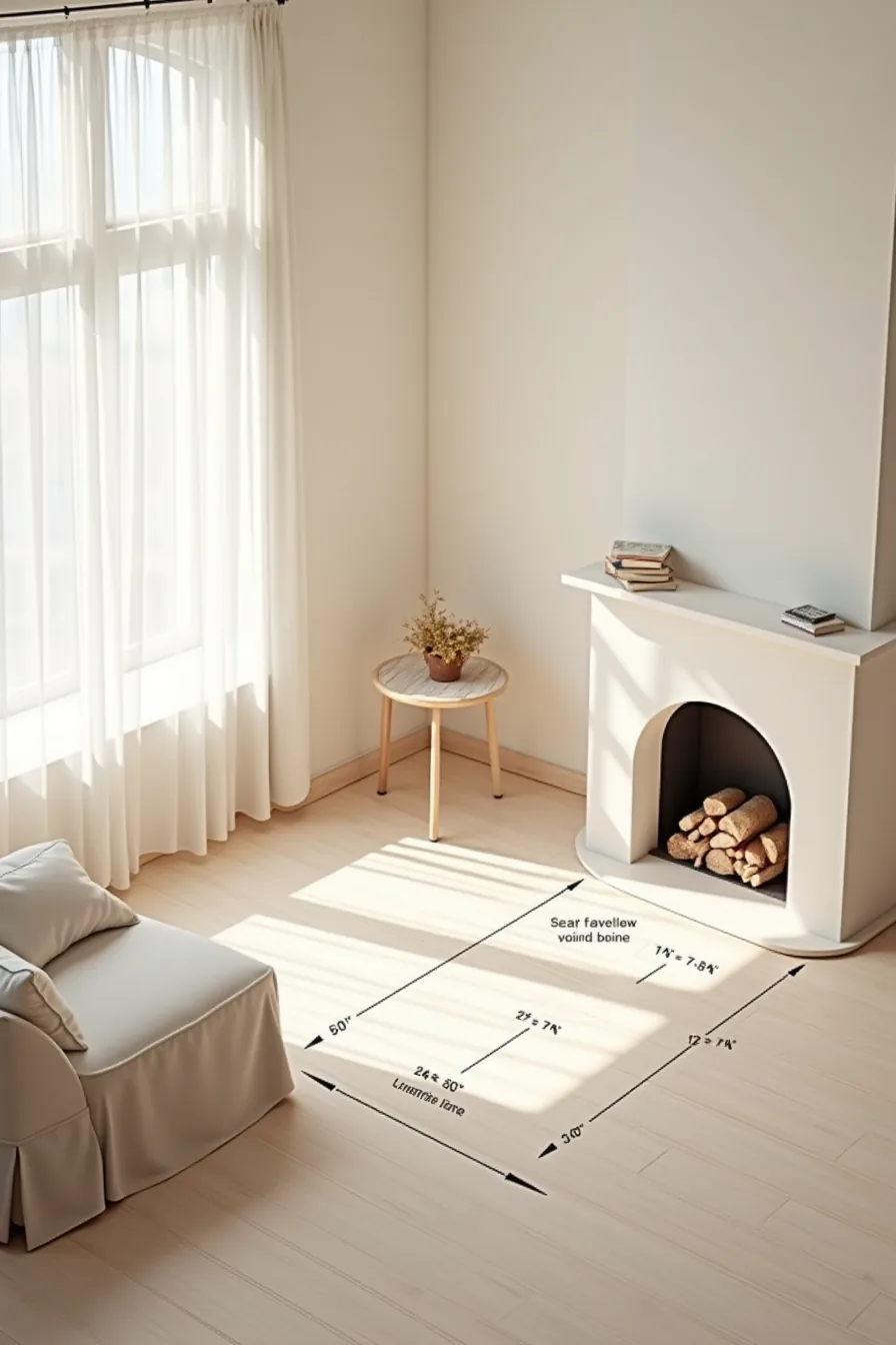 A floor plan shows the corner fireplace, entry door swing, window, electrical outlet, sofa placement 18 inches from