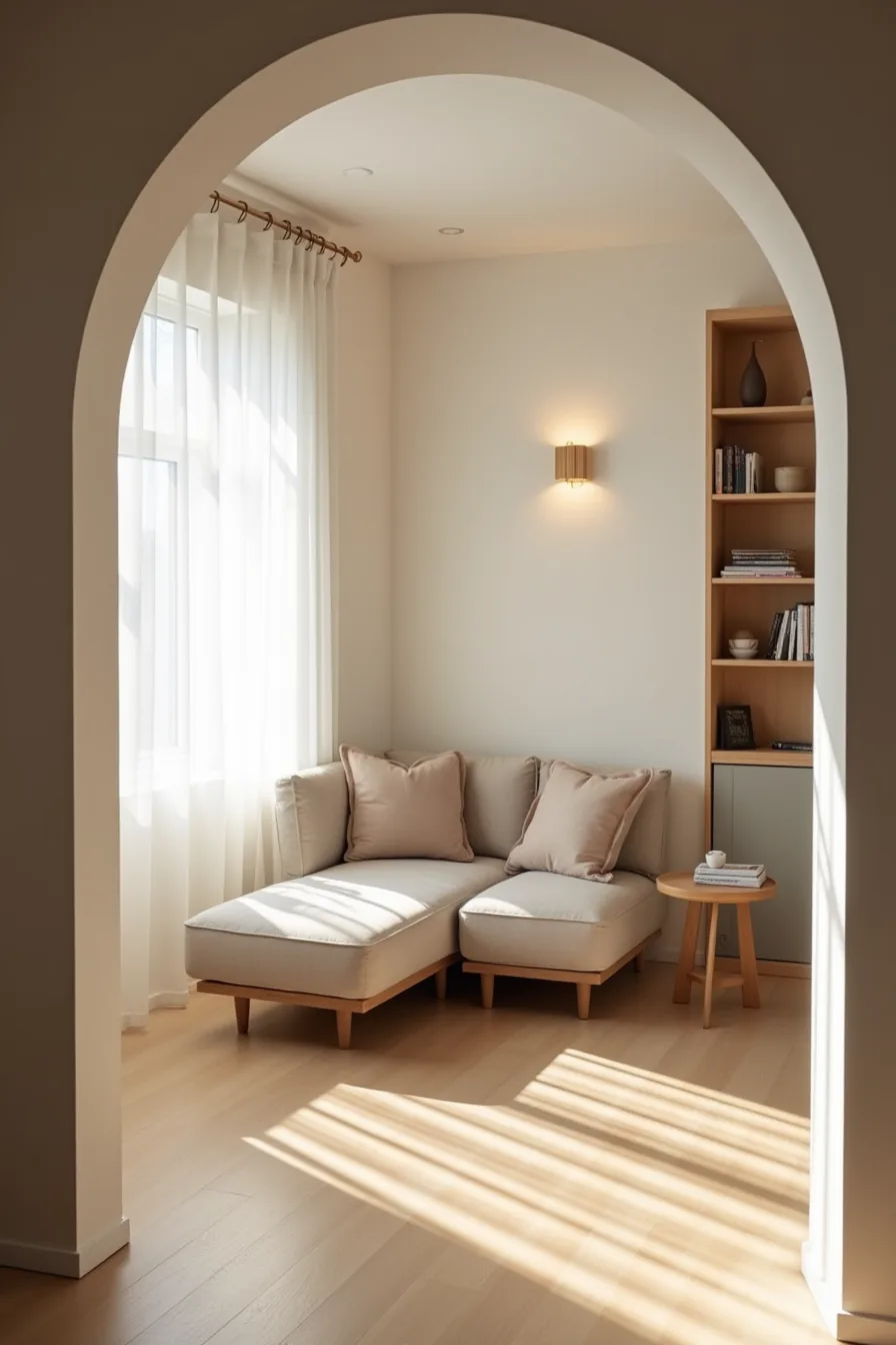 An L-shaped sectional wraps around the corner fireplace in a compact space with a side table and open shelving on the
