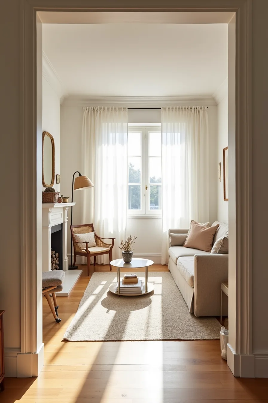 Two separate seating zones sit on distinct area rugs—one clustered near the corner fireplace and another with a console