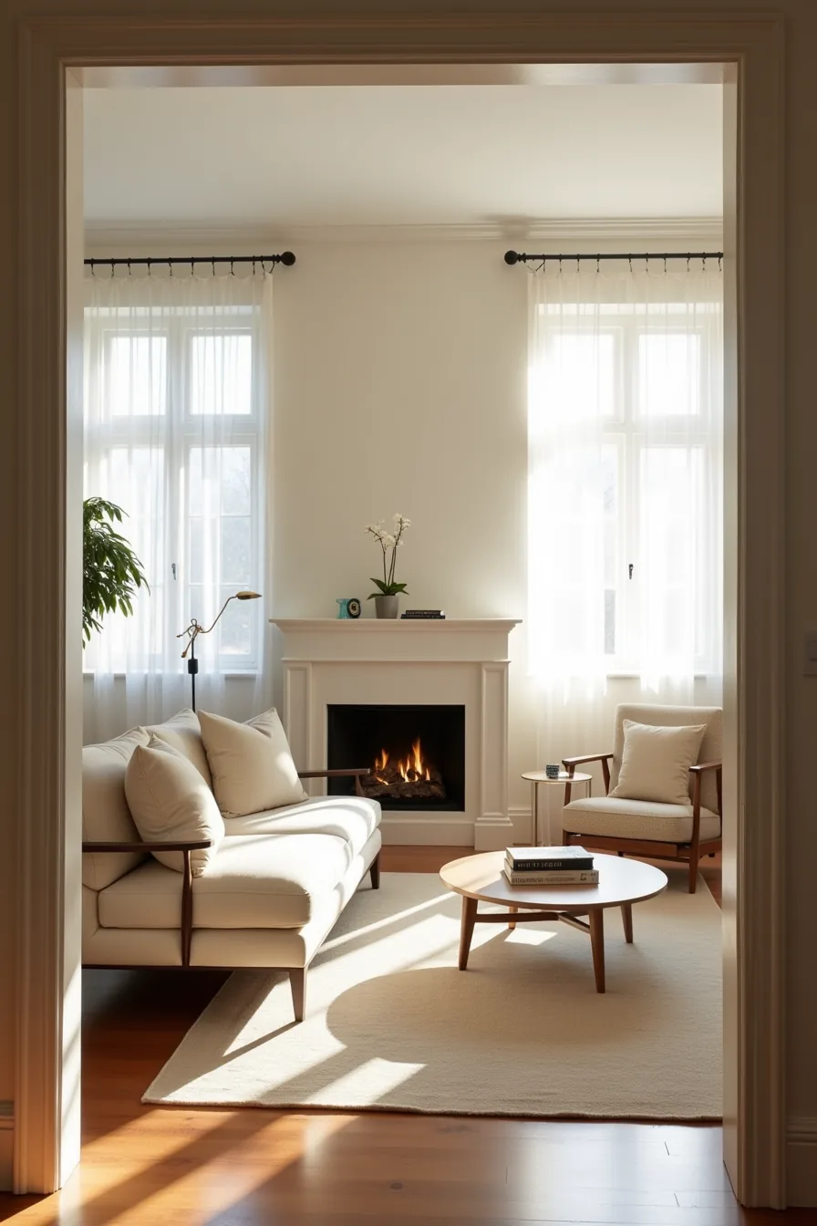 From the doorway, a two-cushion sofa angled toward the corner fireplace sits beside a perpendicular armchair with clear wall
