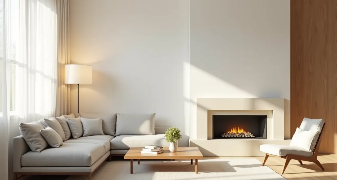 Overhead view shows a gray sectional sofa angled diagonally in front of a corner fireplace with cream mantel and a wood