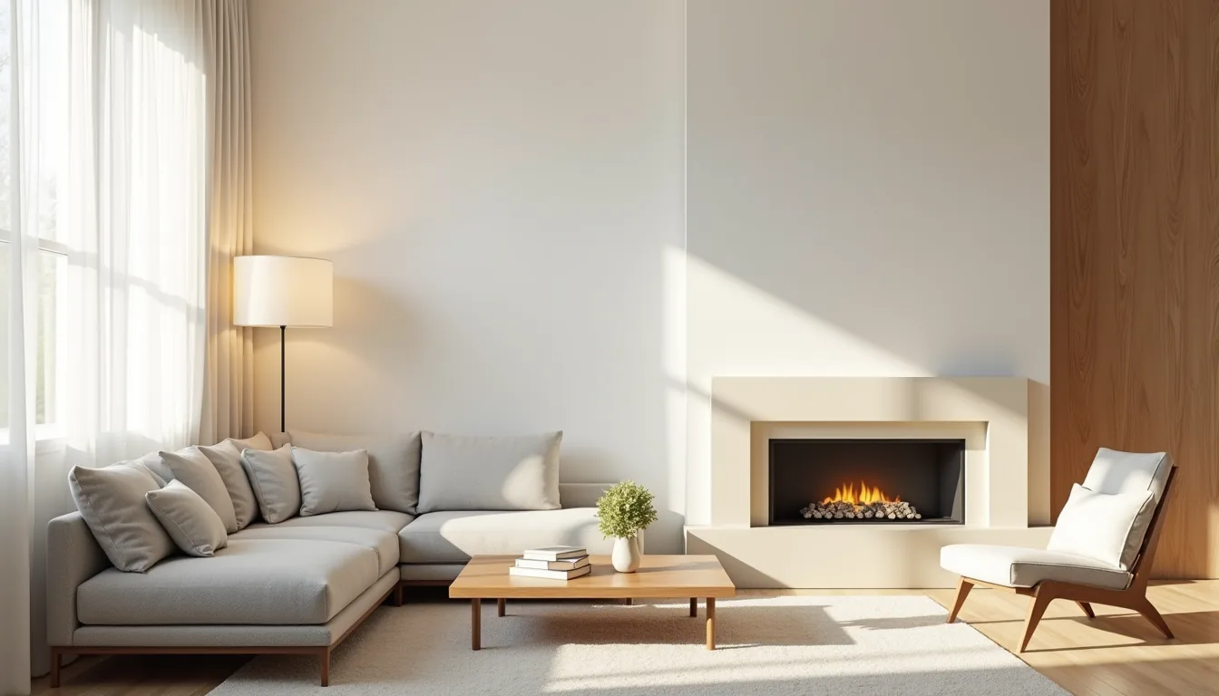 Overhead view shows a gray sectional sofa angled diagonally in front of a corner fireplace with cream mantel and a wood