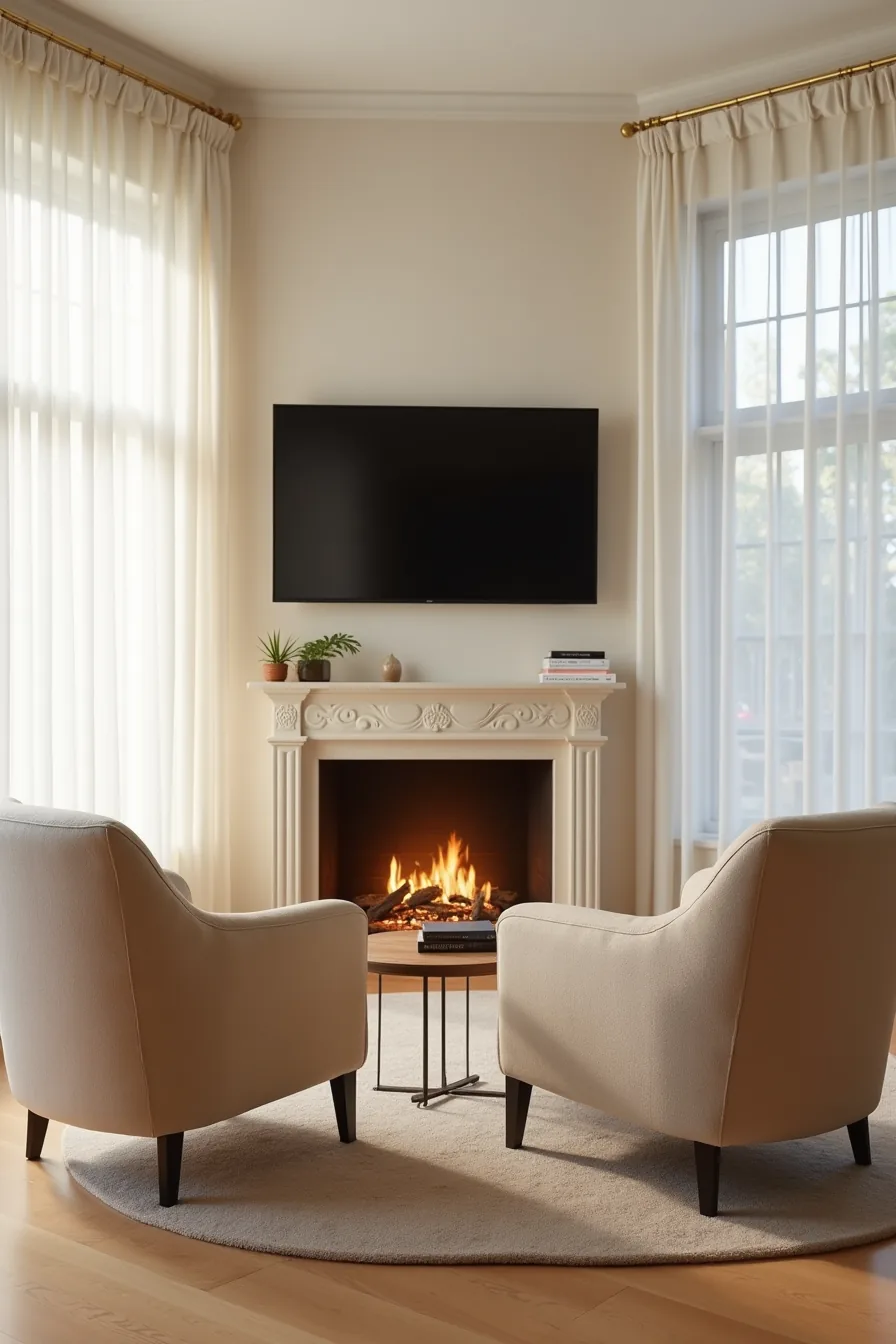 Two lounge chairs angle toward a wall-mounted television, with the corner fireplace visible in the background across the