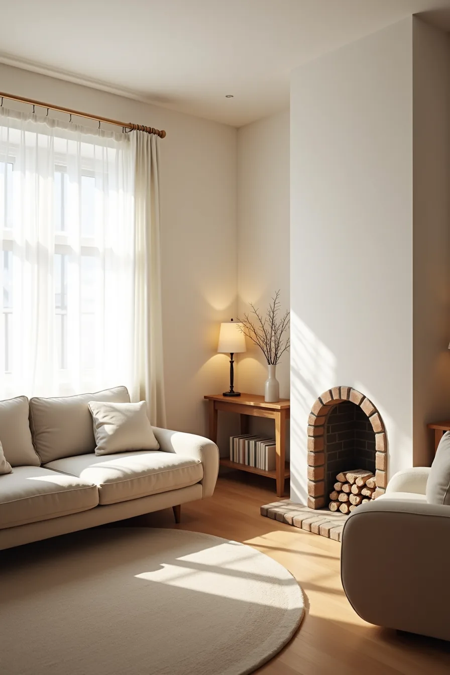 Compact corner fireplace with a diagonal loveseat, accent chair, and narrow console table in a tight space.