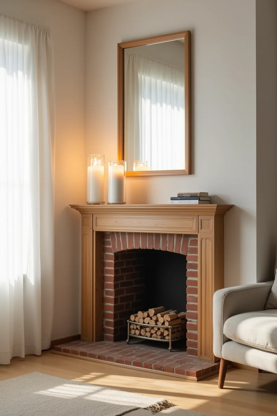Fireplace mantel decorated with three glass hurricanes holding candles and a framed mirror above, with recessed lighting.