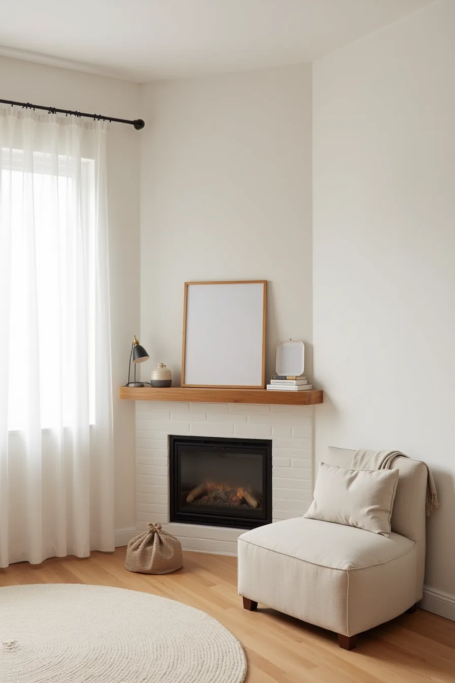 Corner fireplace with peel-and-stick shiplap, freestanding mantel shelf, modular seating cubes, and portable area rug.