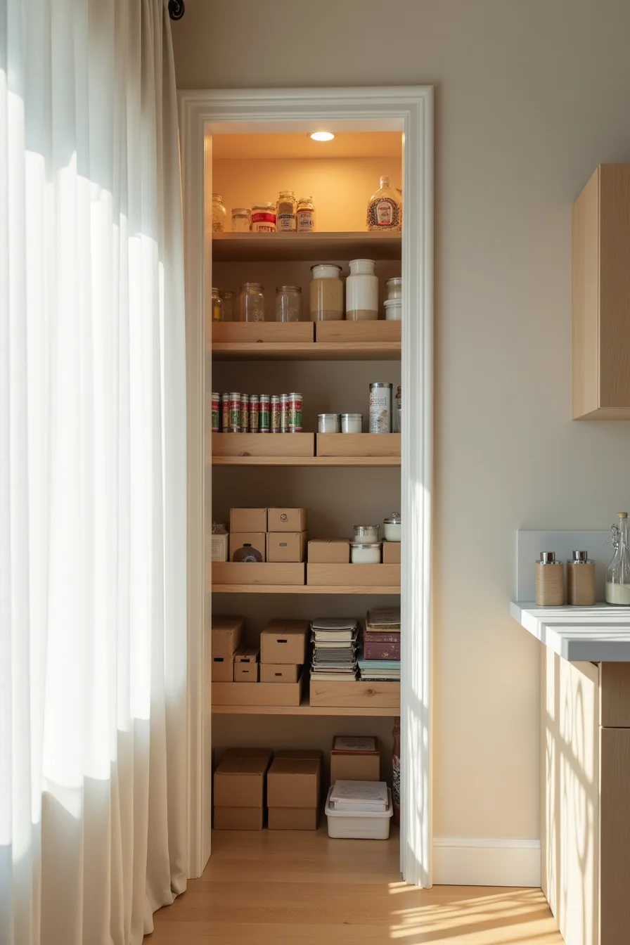 Angled shelves at increasing steepness hold canned goods, boxes, and metal containers in a corner pantry viewed from a