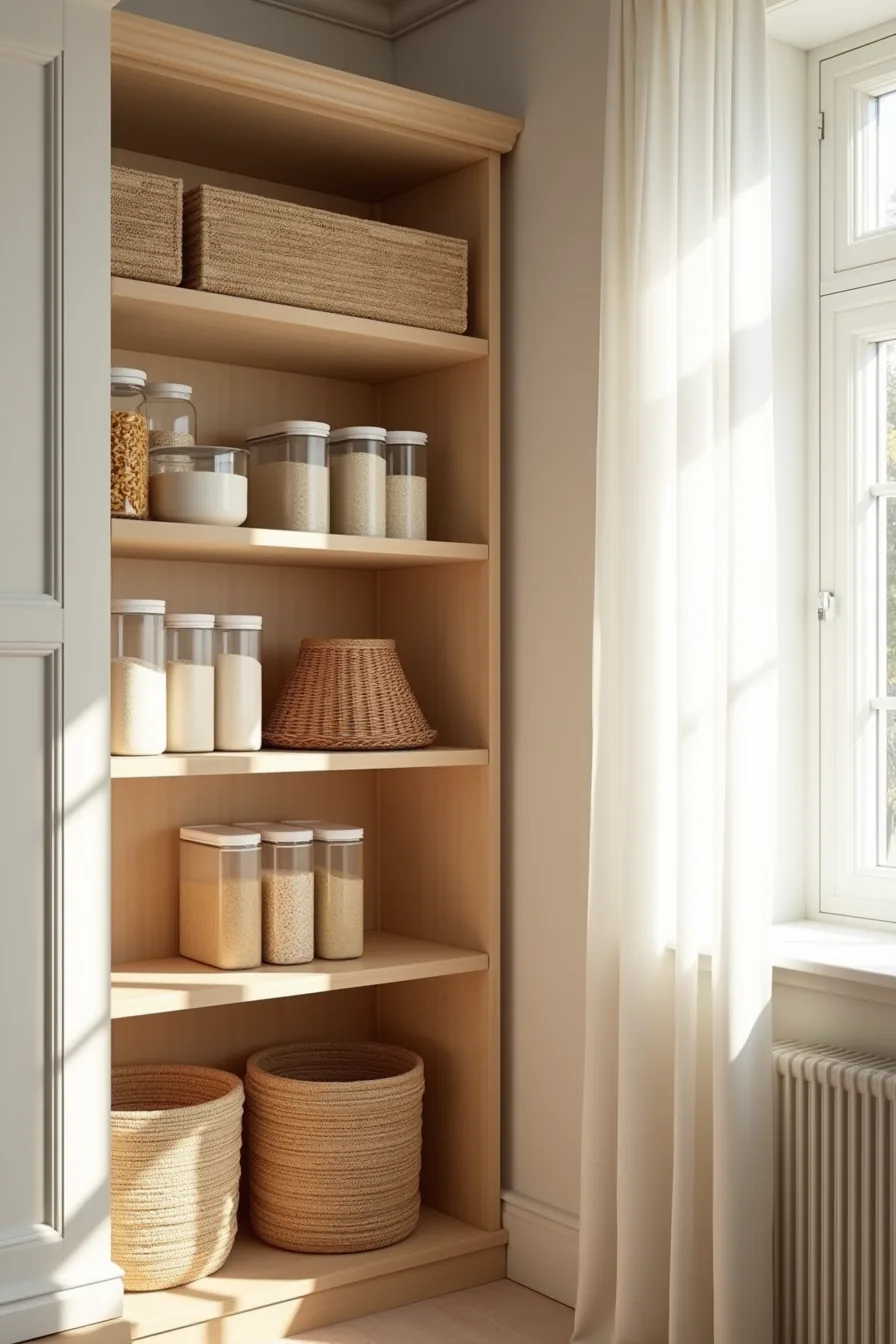 Four wooden shelves display clear plastic containers and woven bins filled with pasta, rice, and cereal in organized rows