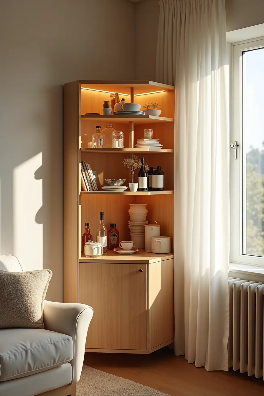 A rotating carousel cabinet in the corner displays multiple tiers of shelves holding bottles, jars, and packaged items at