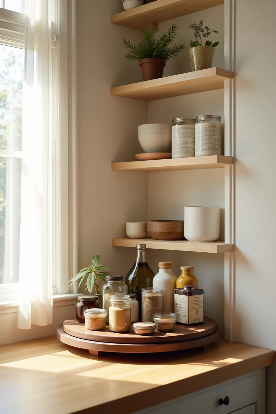 A dark wooden lazy Susan turntable in a corner pantry holds spice jars, oil bottles, and condiment containers, partially