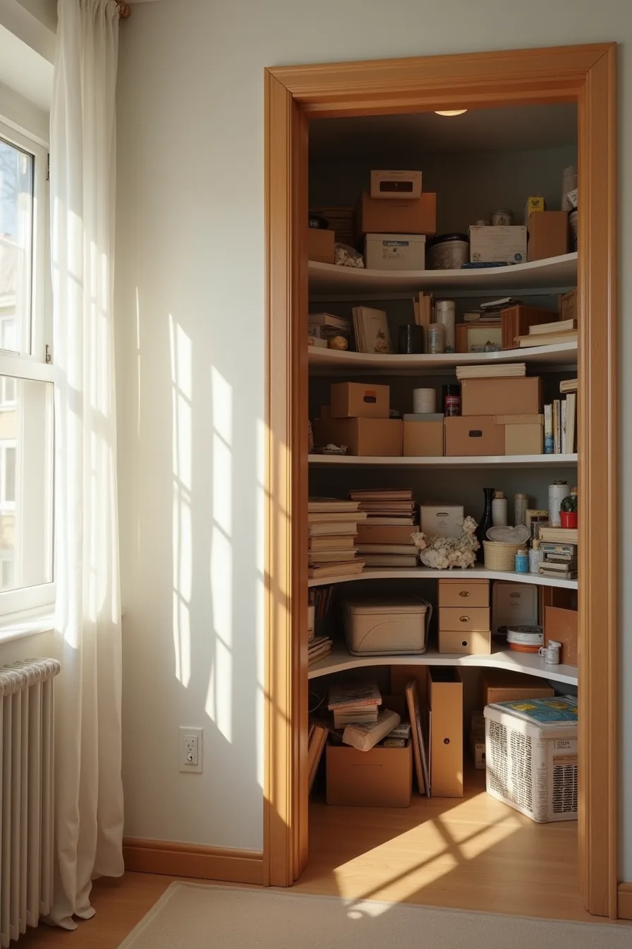 Overstuffed shelves in a corner pantry display tilted boxes, haphazard stacking, and shadowed areas where items have shifted