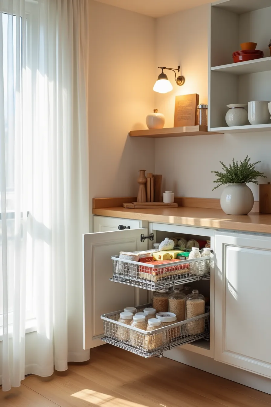 Two wire baskets extend from a corner pantry cabinet at different depths, filled with packaged goods and revealing the