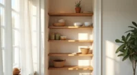 Three wooden shelves step back into a corner, displaying ceramic bowls, glass jars, and woven baskets with warm shadows on