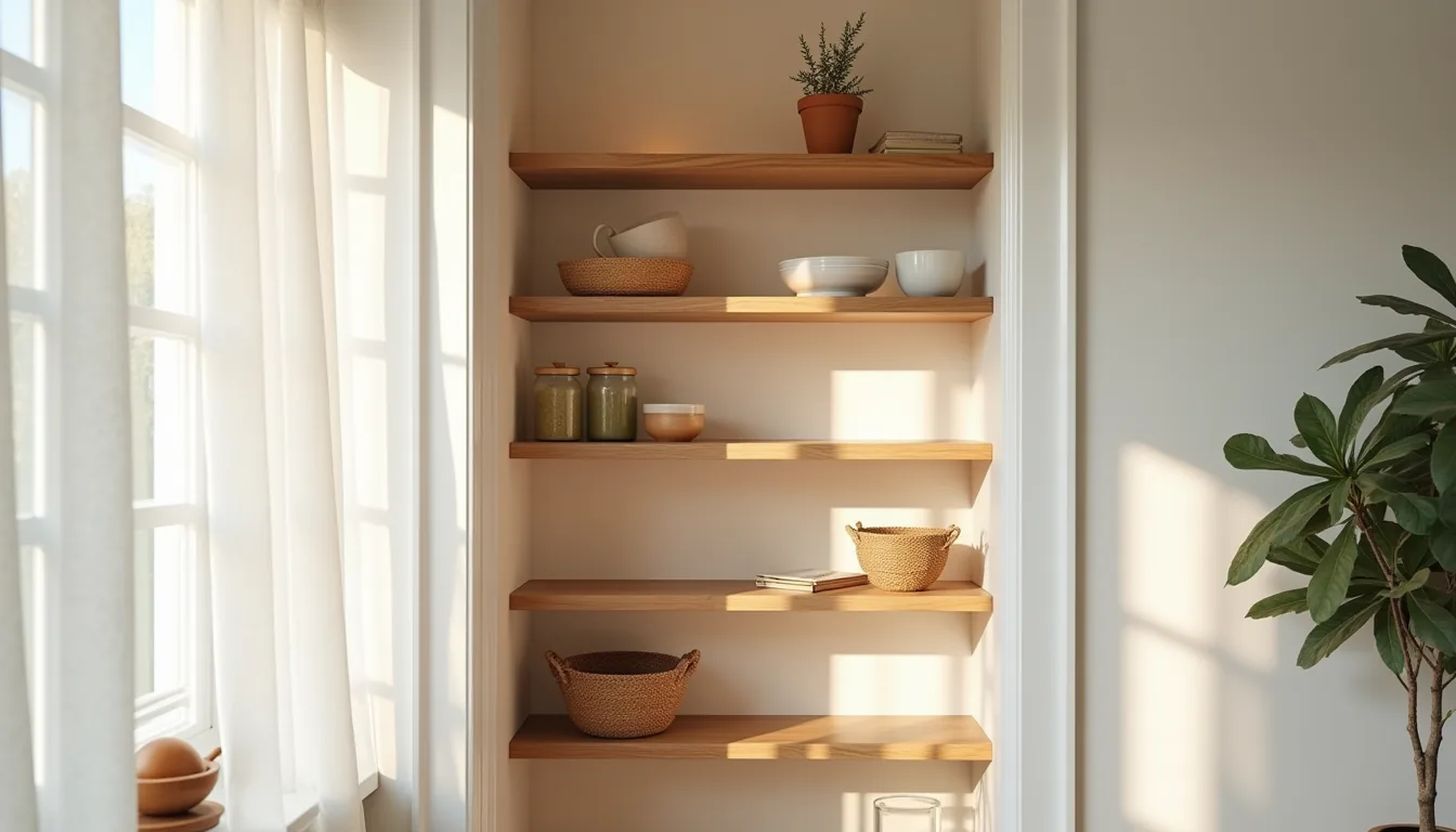 Three wooden shelves step back into a corner, displaying ceramic bowls, glass jars, and woven baskets with warm shadows on