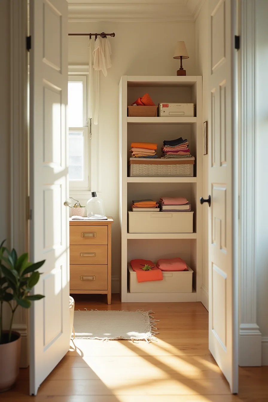 Closet split into active project zone with open bins on left and archived storage boxes on right side.