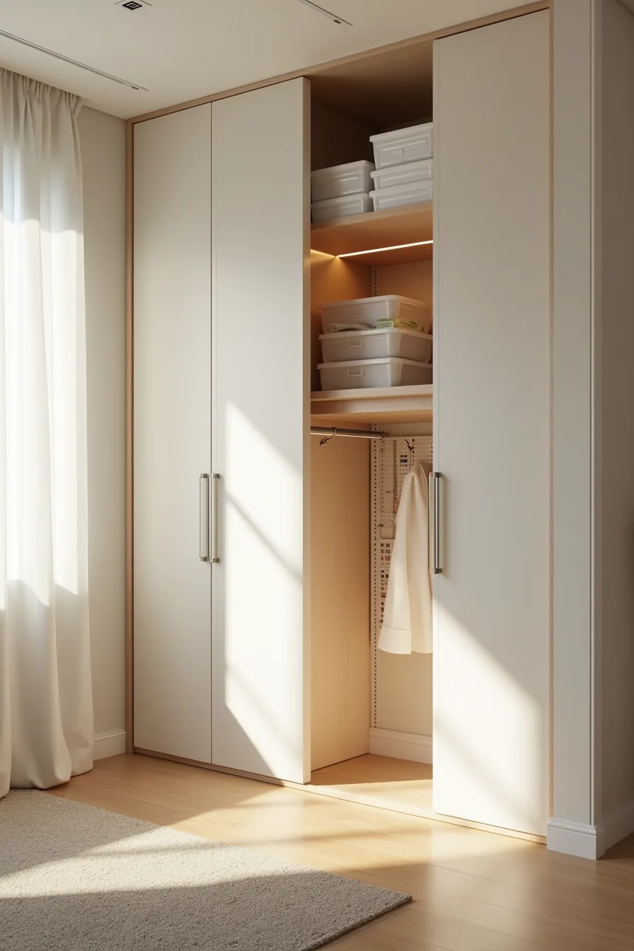 Closet with overhead storage boxes at ceiling, pegboard with tools at arm level, and clear door pockets at shoulder height.