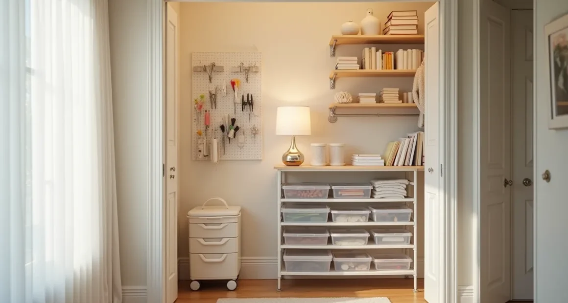 Closet with pegboard hooks on left, clear plastic bins on shelves, rolling cart, and door organizer with pouches.