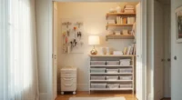 Closet with pegboard hooks on left, clear plastic bins on shelves, rolling cart, and door organizer with pouches.