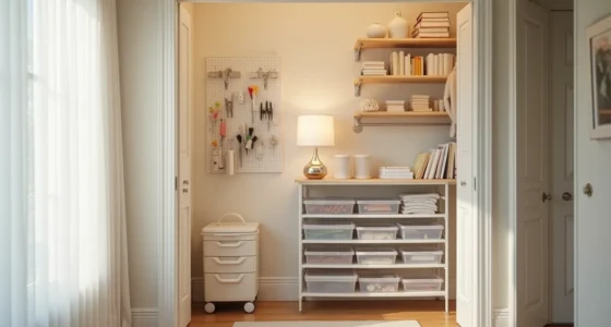 Closet with pegboard hooks on left, clear plastic bins on shelves, rolling cart, and door organizer with pouches.