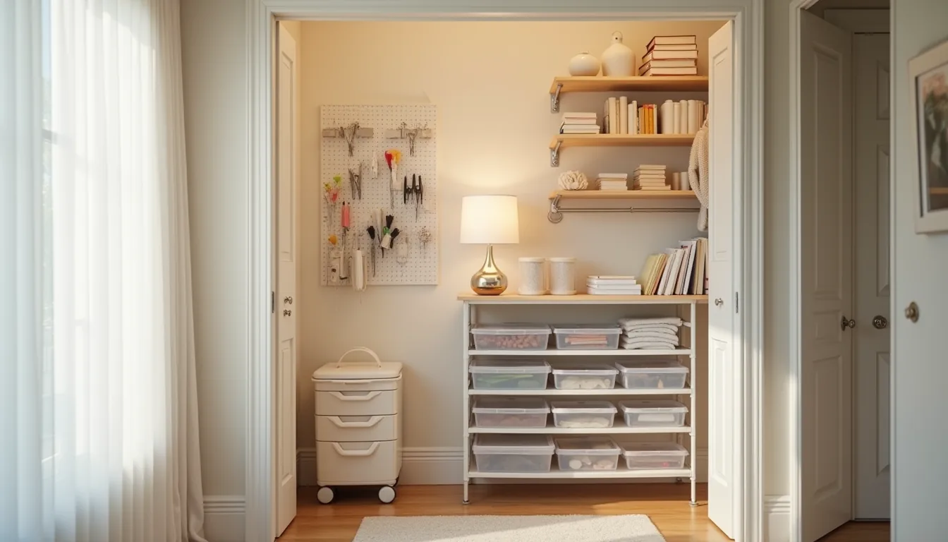 Closet with pegboard hooks on left, clear plastic bins on shelves, rolling cart, and door organizer with pouches.