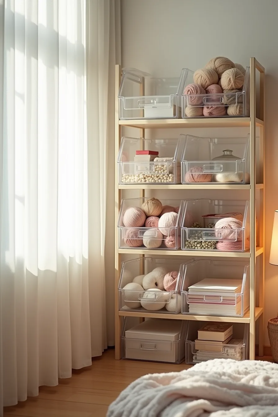 Four-shelf unit filled with stacked clear acrylic bins containing yarn, buttons, and paper supplies.