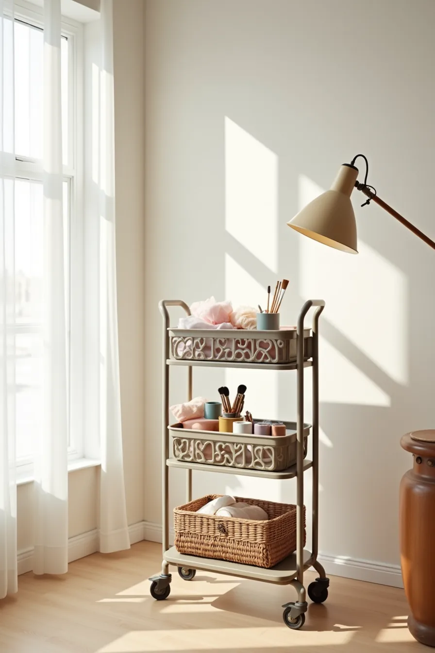Three-tier rolling cart with fabric swatches on top, paint bottles and brushes in middle, project basket on bottom.