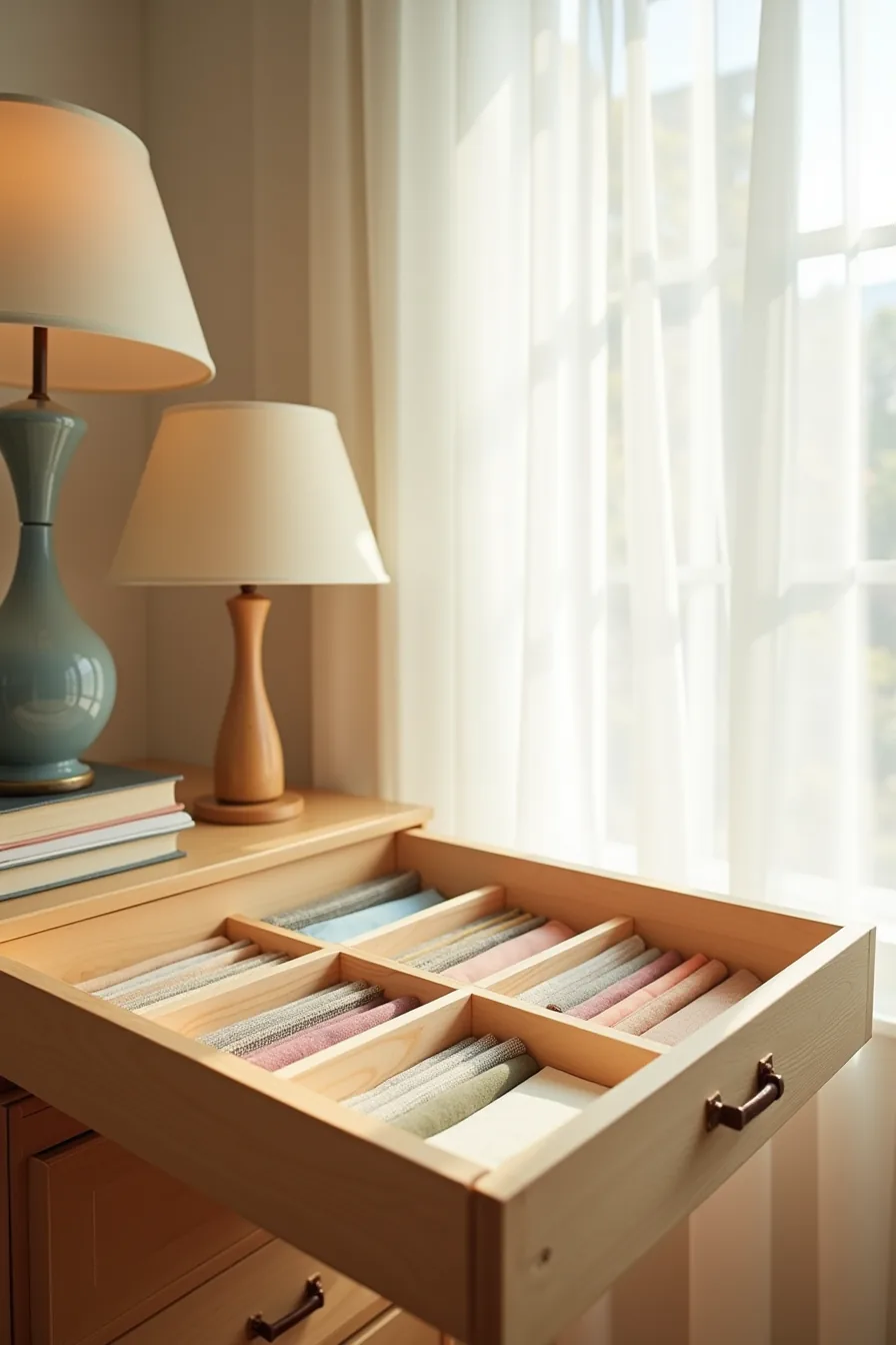Wooden drawer with vertical dividers holding upright stacks of cardstock, fabric squares, and pattern papers.