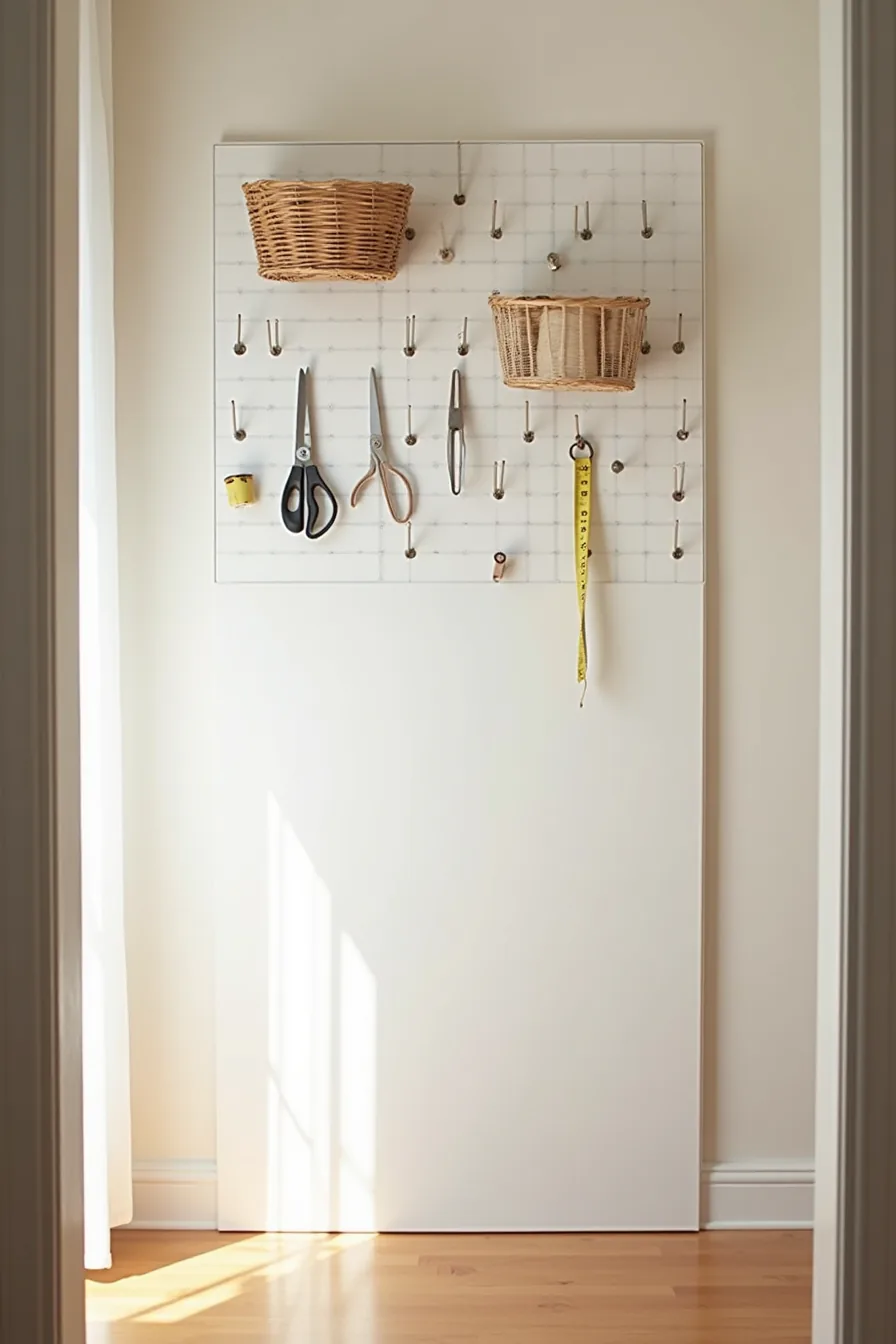 White pegboard wall with metal hooks holding scissors, thread spools, measuring tape, and small baskets.