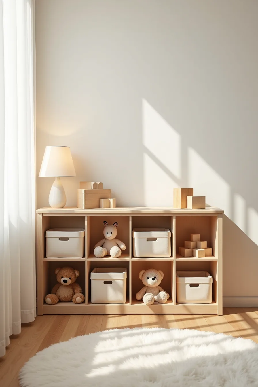 Low wooden cubby with six compartments filled with toy bins, stuffed animals, and building blocks at child eye level.
