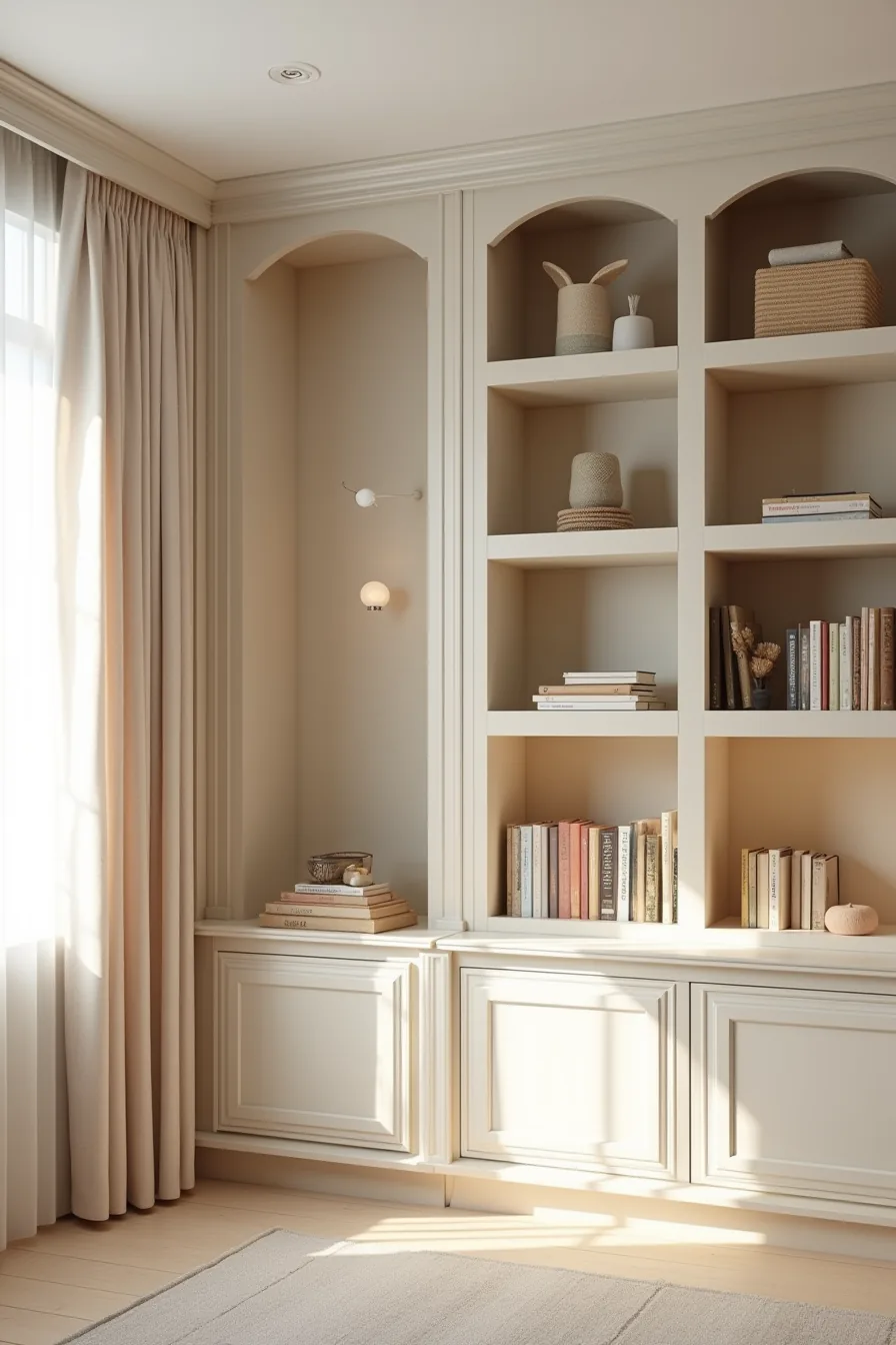 Built-in wall cubby unit on left and modular plastic cube system on right, both filled with different storage items.