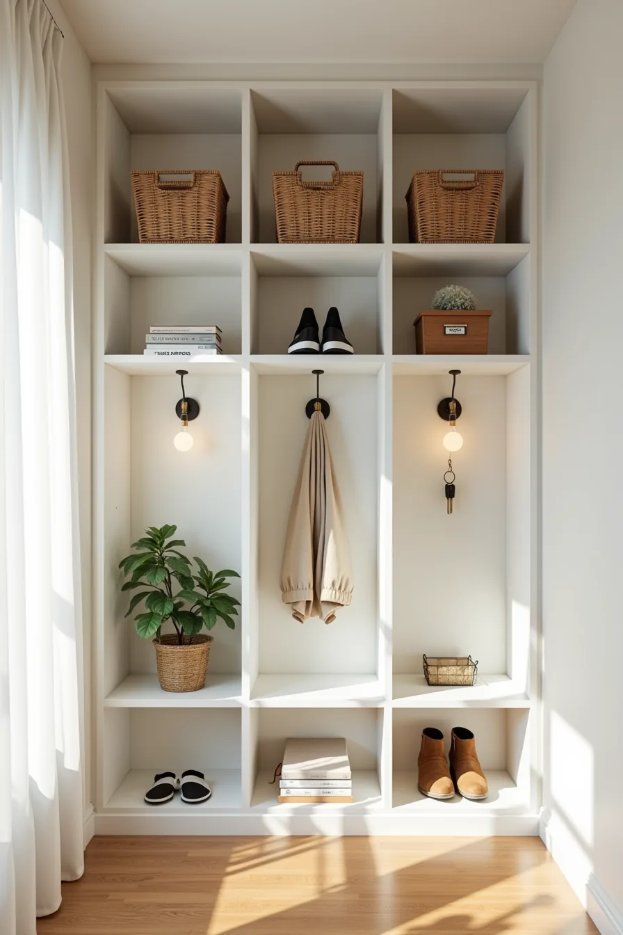 Six-cube entryway wall with labeled baskets, shoes, plant, water tray with keys, and coat hook for organized entry storage.