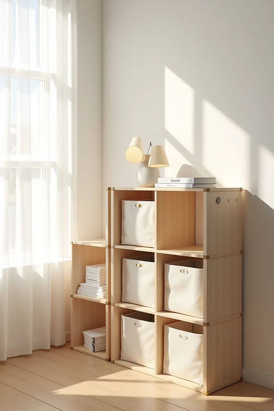 Sixteen-cube fabric organizer with removable bins and adhesive hooks mounted on the side, standing against a blank wall.