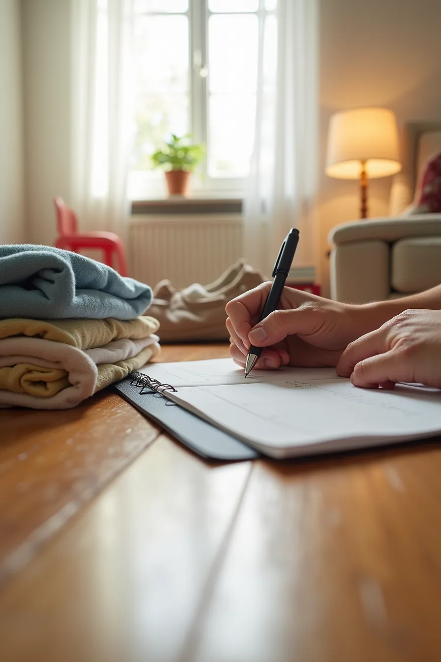 Hand writing in a ledger with clothing, toys, and sports equipment sorted into separate piles on wooden flooring.