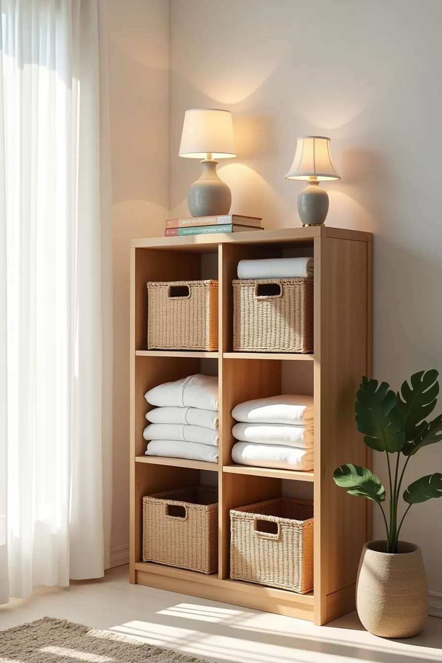 Four-cube wooden shelf with woven baskets in two cubes and folded linens and stacked items visible in open cubes.