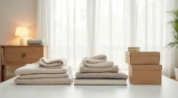 Folded sweaters, stacked books, rolled scarves, small boxes, and measuring tape organized into separate groups on a white