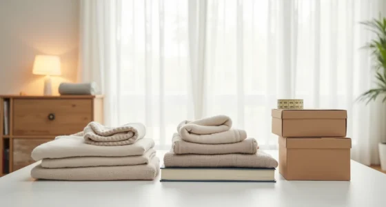 Folded sweaters, stacked books, rolled scarves, small boxes, and measuring tape organized into separate groups on a white