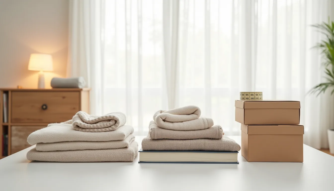 Folded sweaters, stacked books, rolled scarves, small boxes, and measuring tape organized into separate groups on a white